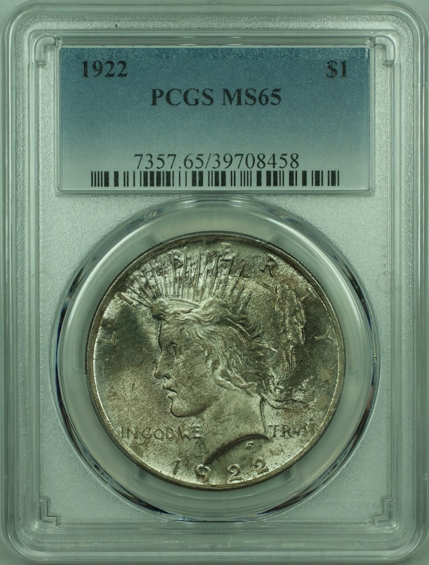 1922 Peace Dollar Silver Coin PCGS MS65 Toned Philadelphia $1: 1922 Peace Dollar Silver Coin PCGS MS65 Toned Philadelphia $1 This is a 1922 Peace Silver Dollar $1 coin from the United States, featuring a silver composition with a fineness of 0.9. Certified by PCG