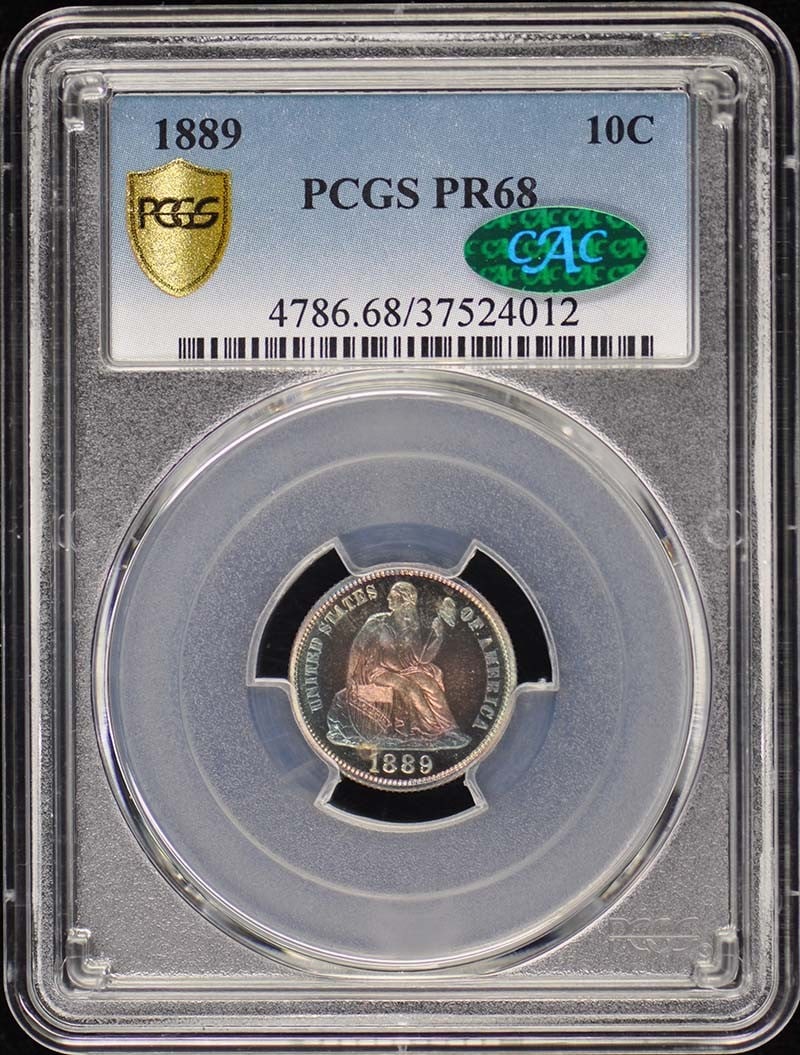1889 Liberty Seated Dime PR68 PCGS CAC Rare Coin: 1889 Liberty Seated Dime PR68 PCGS CAC Rare Coin This exquisite 1889 10C Liberty Seated Dime is graded PR68 by PCGS and features the CAC designation, highlighting its exceptional quality. Struck in Ph