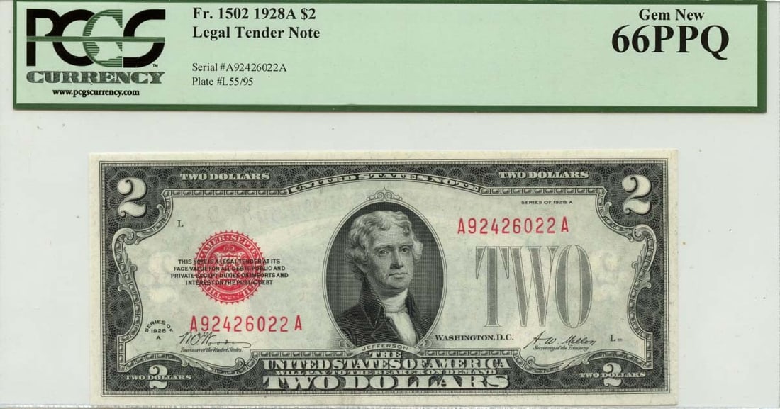 1928A $2 Legal Tender Note FR#1502 PCGS Gem 66 PPQ: 1928A $2 Legal Tender Note FR#1502 PCGS Gem 66 PPQ This 1928A $2 Legal Tender Note (FR#1502) is a remarkable piece of currency, certified by PCGS Currency with a grade of MS66. The note is in uncircul