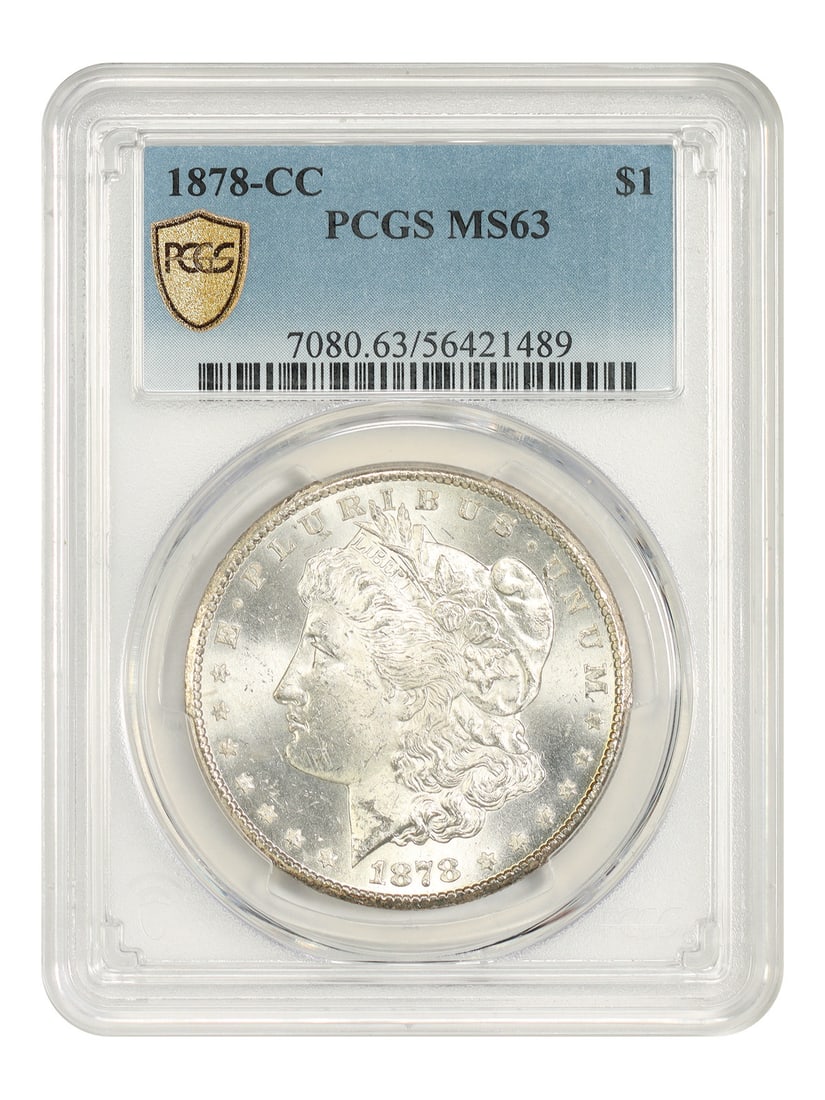 PCGS MS63 1878 Carson City Morgan Silver Dollar $1: PCGS MS63 1878 Carson City Morgan Silver Dollar $1 1878-CC Morgan Dollar certified by PCGS as MS63. This uncirculated first-year Carson City issue is identified as a popular Morgan Dollar from the fam