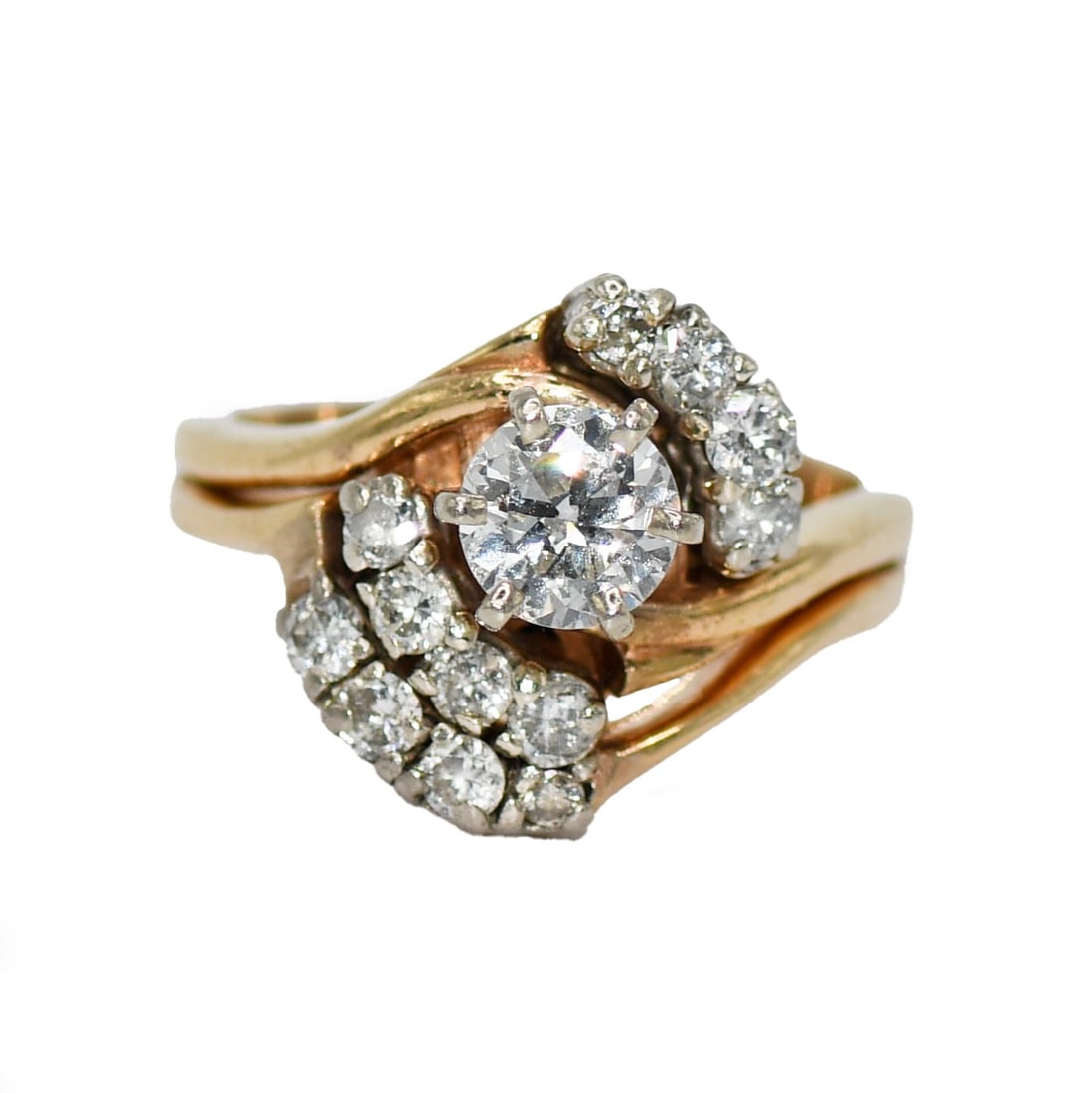 Size 5 14K Yellow Gold Ring with .90 TDW Round Diamonds: Size 5 14K Yellow Gold Ring with .90 TDW Round Diamonds Pre-owned 14K yellow gold diamond ring featuring a round brilliant center diamond with additional round brilliant diamonds. The total diamond we