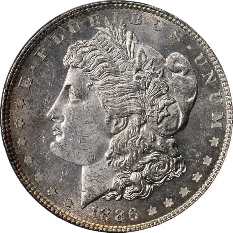 PCGS MS63 PL 1886 Morgan Dollar Philadelphia Mint Silver Coin: PCGS MS63 PL 1886 Morgan Dollar Philadelphia Mint Silver Coin This 1886-P Morgan Silver Dollar is certified by PCGS with a grade of MS63 Prooflike (PL). It is composed of silver with a fineness of 0.9