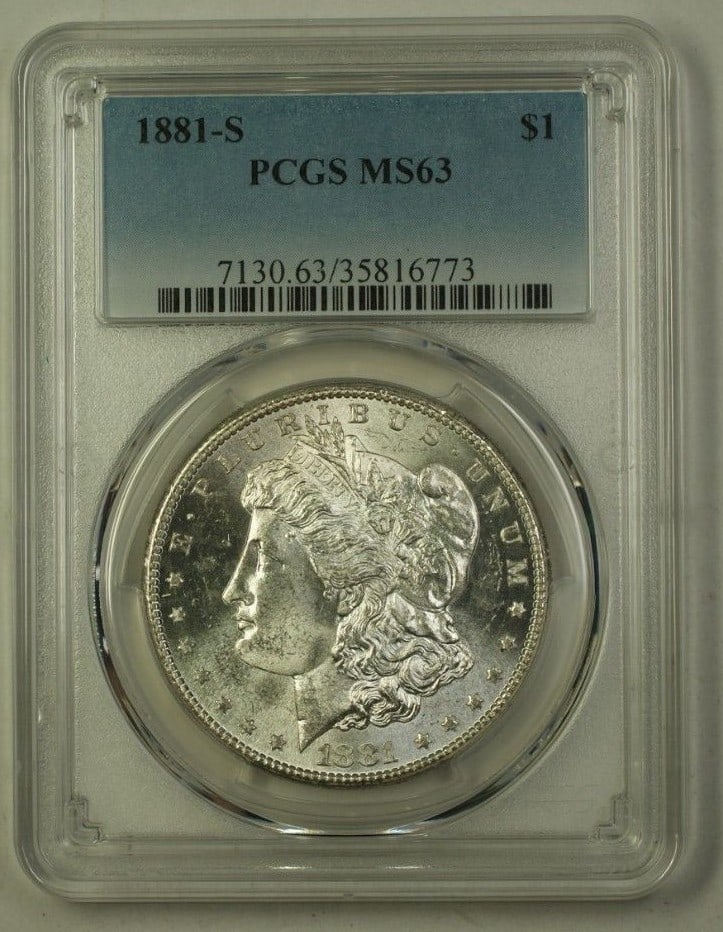 PCGS MS63 1881-S Morgan Silver Dollar: PCGS MS63 1881-S Morgan Silver Dollar This is an 1881-S Morgan Silver Dollar $1 coin from the United States, minted in San Francisco. The coin is composed of silver and has been certified by PCGS with