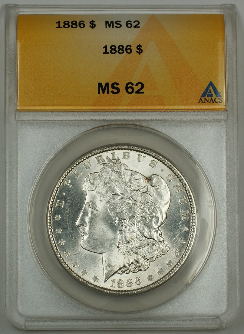 ANACS MS 62 1886 Morgan Silver Dollar Uncirculated: ANACS MS 62 1886 Morgan Silver Dollar Uncirculated 1886 Morgan Silver Dollar coin certified by ANACS and graded MS-62 Very Choice. This pre-owned coin is an uncirculated silver issue from the United S