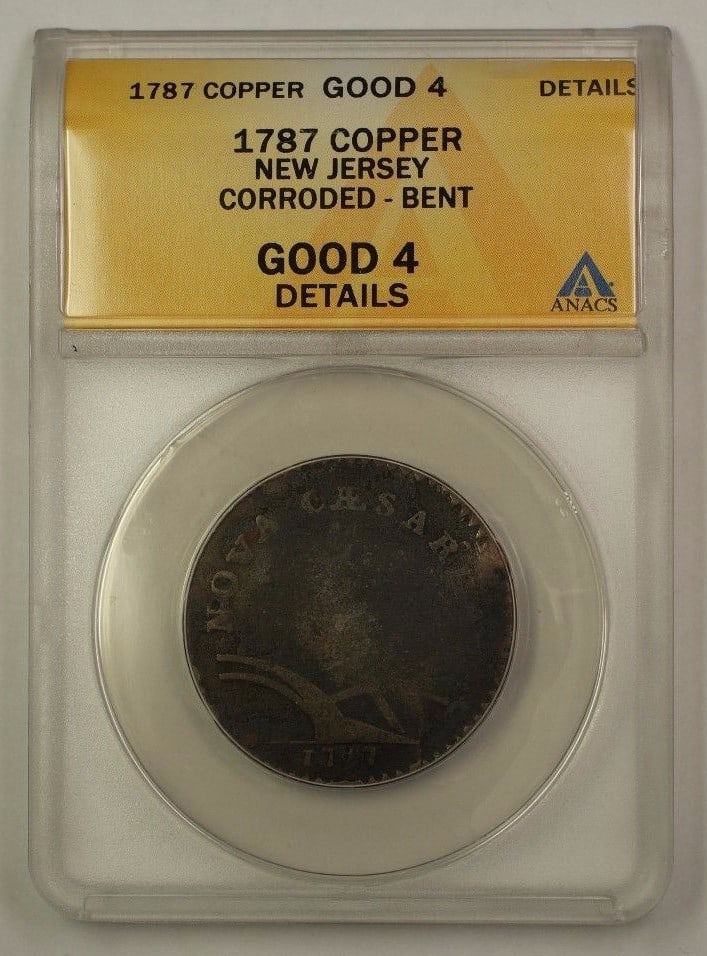 1787 New Jersey Copper Coin ANACS G-4 Details Corroded and Bent: 1787 New Jersey Copper Coin ANACS G-4 Details Corroded and Bent This 1787 US Colonial New Jersey Copper coin features a large planchet and has been graded G-4 Details by ANACS. The coin is noted as co