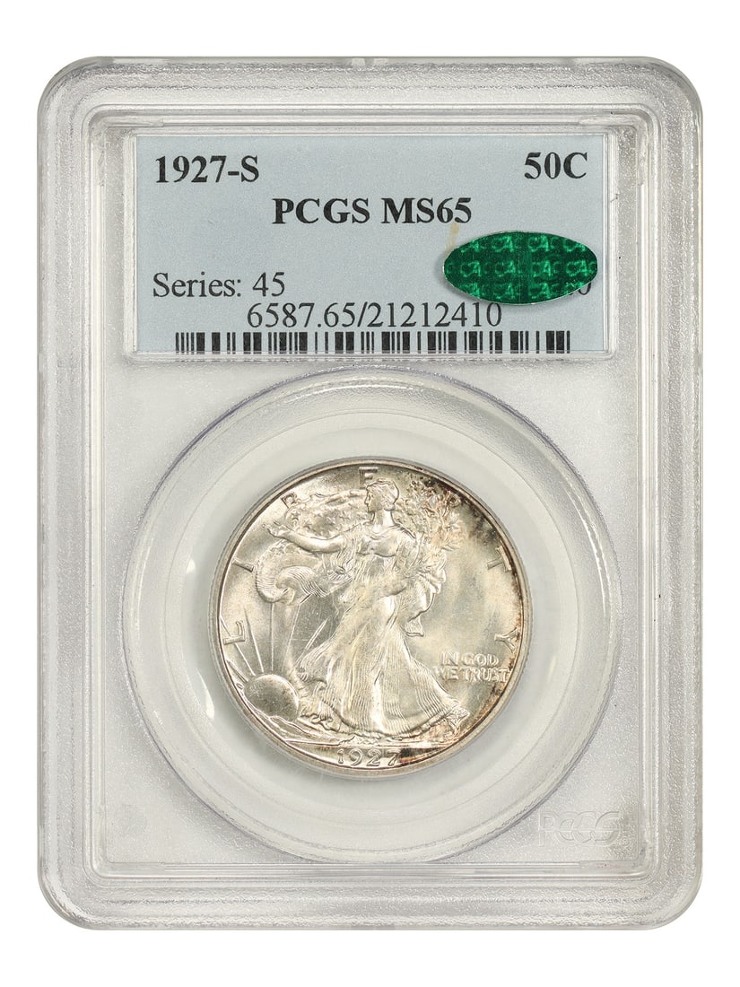 Walking Liberty Half Dollar 1927-S PCGS CAC MS65 50C: Walking Liberty Half Dollar 1927-S PCGS CAC MS65 50C Scarce early semi-key 1927-S Walking Liberty Half Dollar with pleasing gray surfaces and solid overall originality. This uncirculated example is ce