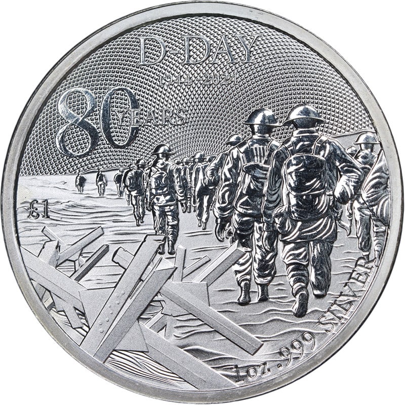 Alderney D-Day 80th Anniversary 2024 5 Pound 1 Oz .999 Silver BU Coin: Alderney D-Day 80th Anniversary 2024 5 Pound 1 Oz .999 Silver BU Coin Original 2024 Alderney 1 ounce silver 5 pound coin issued for the D-Day 80th Anniversary. This uncirculated BU coin is struck in .