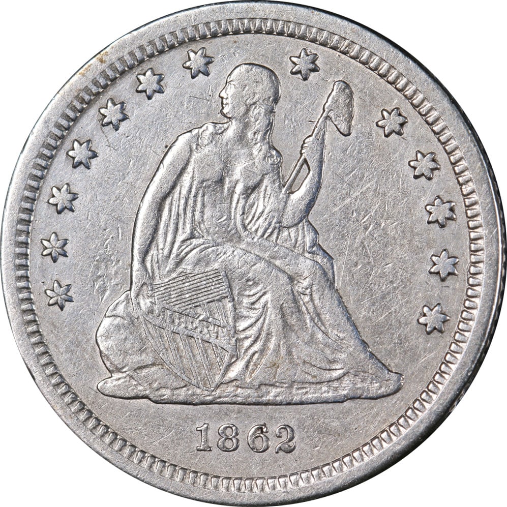 1862 S Seated Liberty Quarter Silver Key Date XF Details: 1862 S Seated Liberty Quarter Silver Key Date XF Details 1862-S Seated Liberty Quarter with Nice XF Details and decent eye appeal. This circulated silver coin shows a nice strike, strong detail, and b