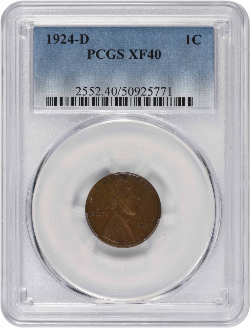 PCGS EF40 1924 D Lincoln Wheat Small Cent: PCGS EF40 1924 D Lincoln Wheat Small Cent 1924-D Lincoln Wheat small cent graded EF40 by PCGS. This circulated, pre-owned United States copper coin is a classic Lincoln cent issue. Specifications Year