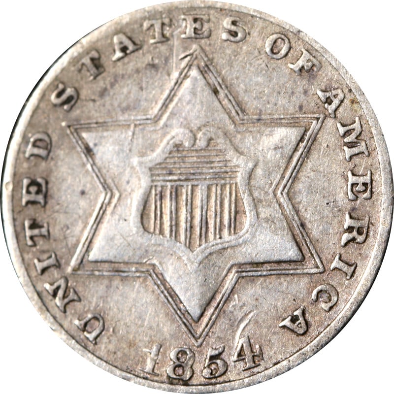 1854 United States 3 Cent Silver Coin Circulated (1 of 2)