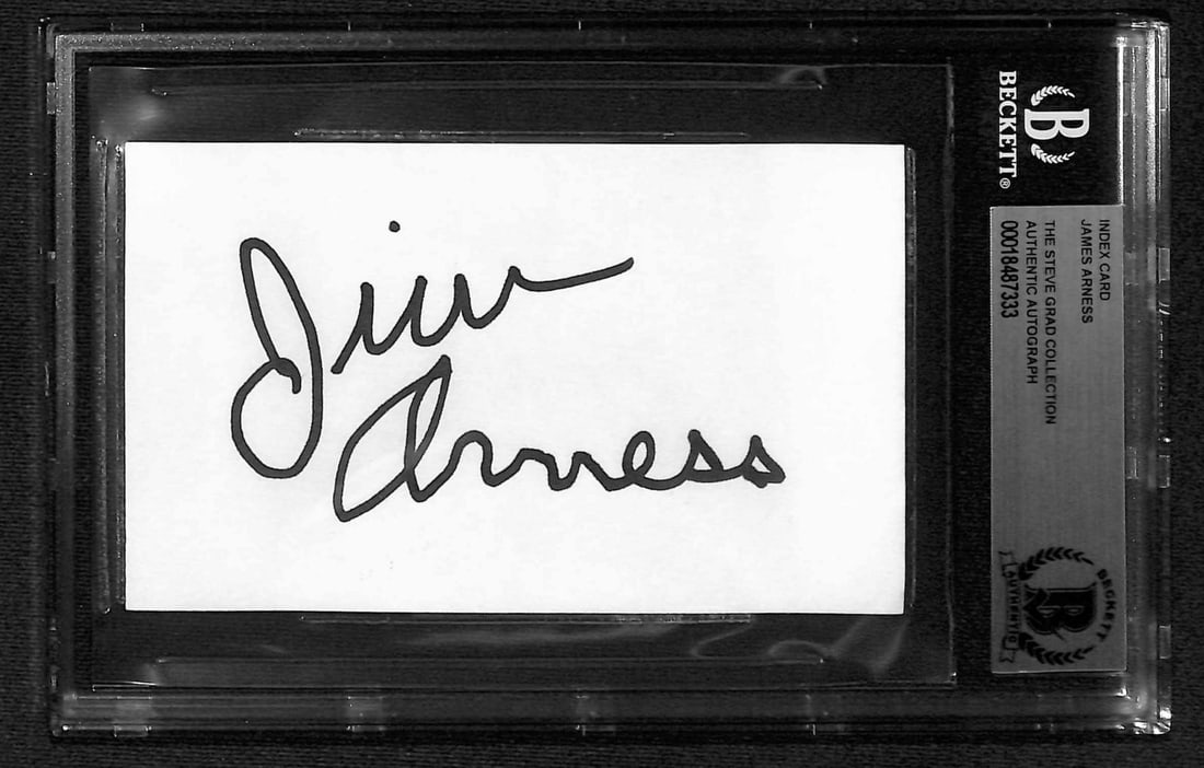 Beckett authenticated James Arness autograph 3x5 index card Gunsmoke: Beckett authenticated James Arness autograph 3x5 index card Gunsmoke Hand-signed 3x5 index card by James Arness, best known for portraying Matt Dillon on Gunsmoke. The autograph has been authenticated