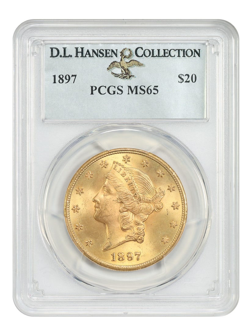 1897 Liberty Head $20 Gold Coin PCGS MS65 ex D.L. Hansen: 1897 Liberty Head $20 Gold Coin PCGS MS65 ex D.L. Hansen 1897 Liberty Head $20 gold coin graded PCGS MS65 and offered as a pre-owned, uncirculated example. Nearly 1.4 million Double Eagles were produc