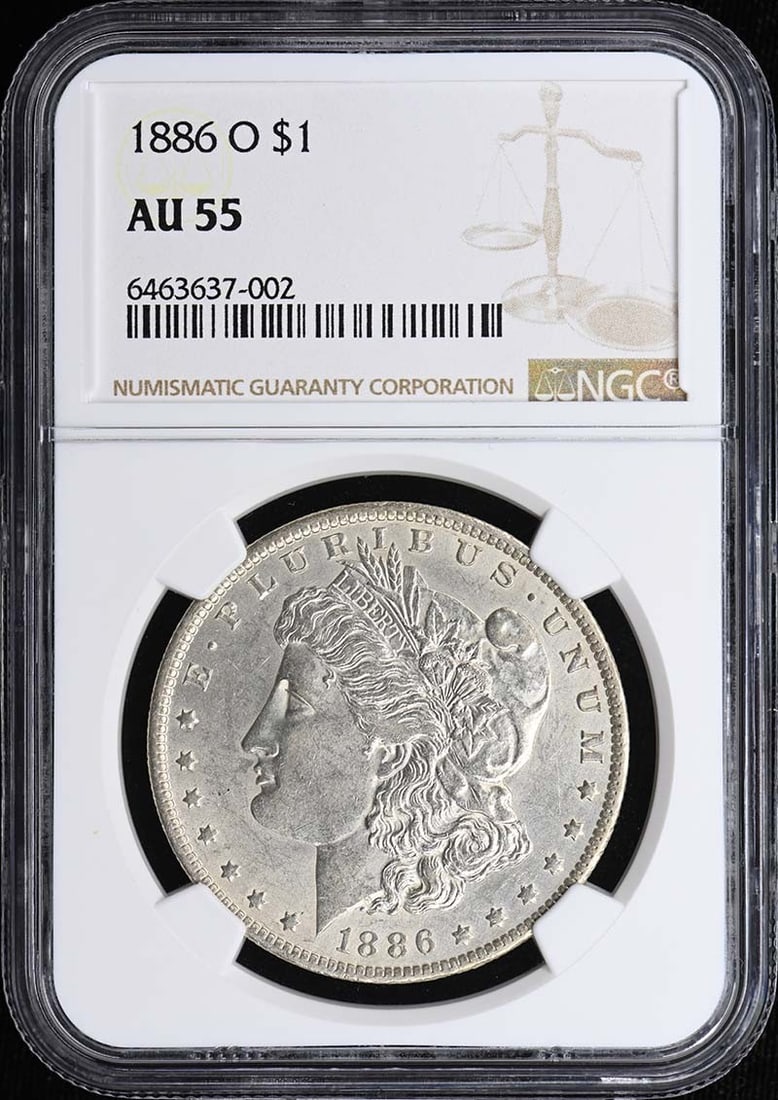 NGC AU55 1886 O Morgan Silver Dollar S$1: NGC AU55 1886 O Morgan Silver Dollar S$1 1886-O Morgan Dollar certified by NGC and graded AU55. This pre-owned, circulated United States silver dollar is a Morgan Dollar issue from the New Orleans Min