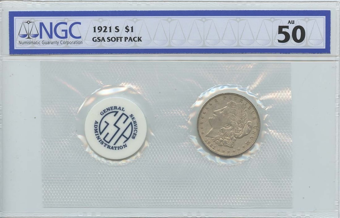NGC AU50 1921 San Francisco Morgan Silver Dollar GSA Soft Pack: NGC AU50 1921 San Francisco Morgan Silver Dollar GSA Soft Pack This 1921-S Morgan Dollar is graded AU50 by NGC and comes in a GSA soft pack. Struck at the San Francisco Mint, this circulated silver do