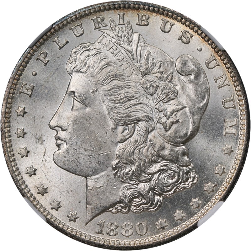 NGC MS62 1880 CC Morgan Silver Dollar VAM 7A Rev of 78 Clash: NGC MS62 1880 CC Morgan Silver Dollar VAM 7A Rev of 78 Clash 1880-CC Morgan Silver Dollar, VAM 7A Reverse of 78 and Clash, graded NGC MS62. This uncirculated coin is described as wonderfully original 