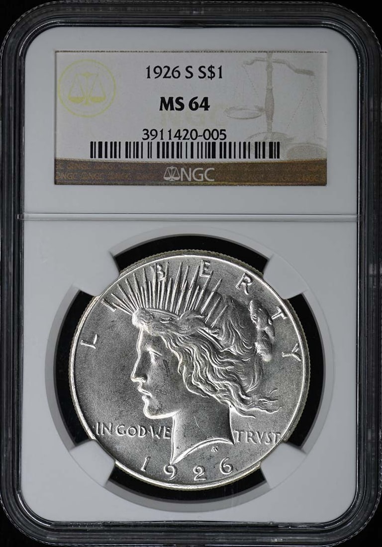 NGC MS64 1926 S Peace Dollar US Silver Coin: NGC MS64 1926 S Peace Dollar US Silver Coin Certified 1926-S Peace Dollar with an NGC MS64 grade. This pre-owned coin is an uncirculated example of the United States Peace Dollar series. Specification