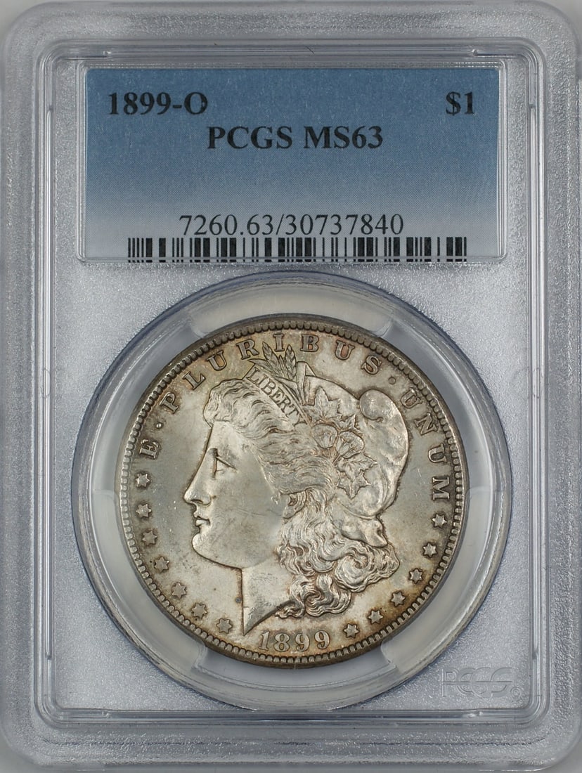 PCGS MS63 1899 O Morgan Silver Dollar Toned New Orleans Mint: PCGS MS63 1899 O Morgan Silver Dollar Toned New Orleans Mint 1899-O Morgan Silver Dollar $1 coin certified by PCGS and graded MS-63. This uncirculated silver coin is noted as toned and is a pre-owned 