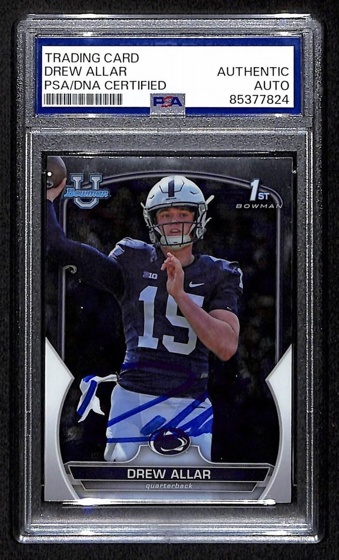 Drew Allar Autographed 2022 Bowman U Chrome Rookie Card 59 PSA/DNA Authenticated: Drew Allar Autographed 2022 Bowman U Chrome Rookie Card 59 PSA/DNA Authenticated This is an original 2022 Bowman U Chrome Refractor Rookie Card #59 featuring Drew Allar from Penn State. The card is si