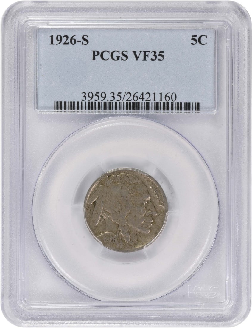 PCGS Graded VF35 1926 S United States Buffalo Nickel 5 Cent Coin: PCGS Graded VF35 1926 S United States Buffalo Nickel 5 Cent Coin This is a 1926-S Buffalo Nickel graded VF35 by PCGS. The coin is circulated and features a denomination of 5 cents. Composed of nickel,