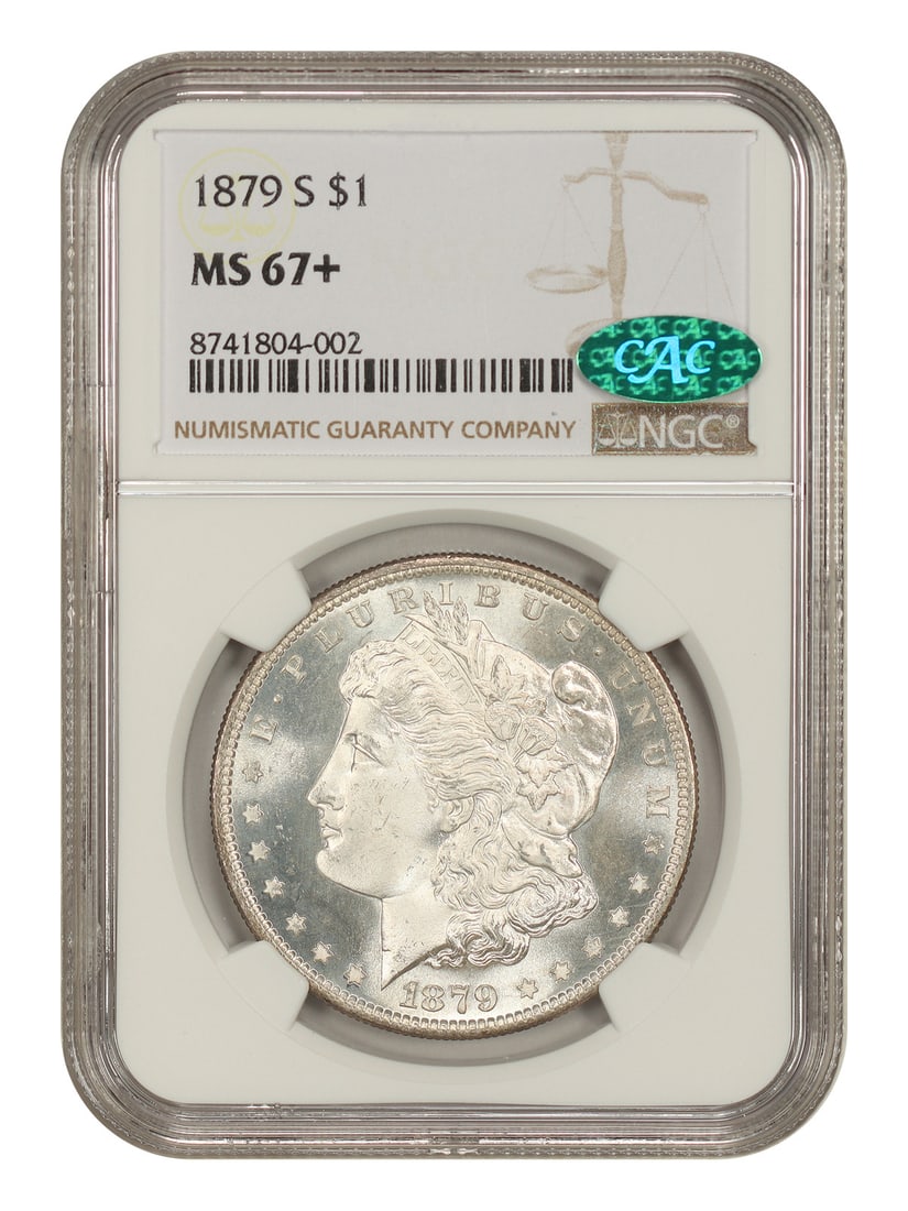NGC CAC MS67+ 1879-S Morgan Silver Dollar $1: NGC CAC MS67+ 1879-S Morgan Silver Dollar $1 1879-S Morgan Dollar certified by NGC and approved by CAC in MS67+ grade. This uncirculated coin is described as frosty with a deep, full strike, with prim