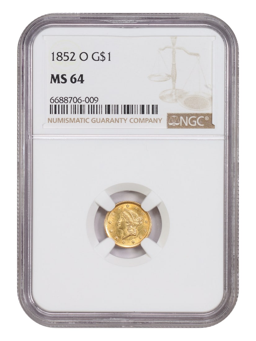 1852-O New Orleans G$1 Gold Dollar NGC MS64: 1852-O New Orleans G$1 Gold Dollar NGC MS64 1852-O Gold Dollar certified by NGC in MS64 grade. This uncirculated New Orleans issue is described as a diminutive Southern gold piece with outsized charm,