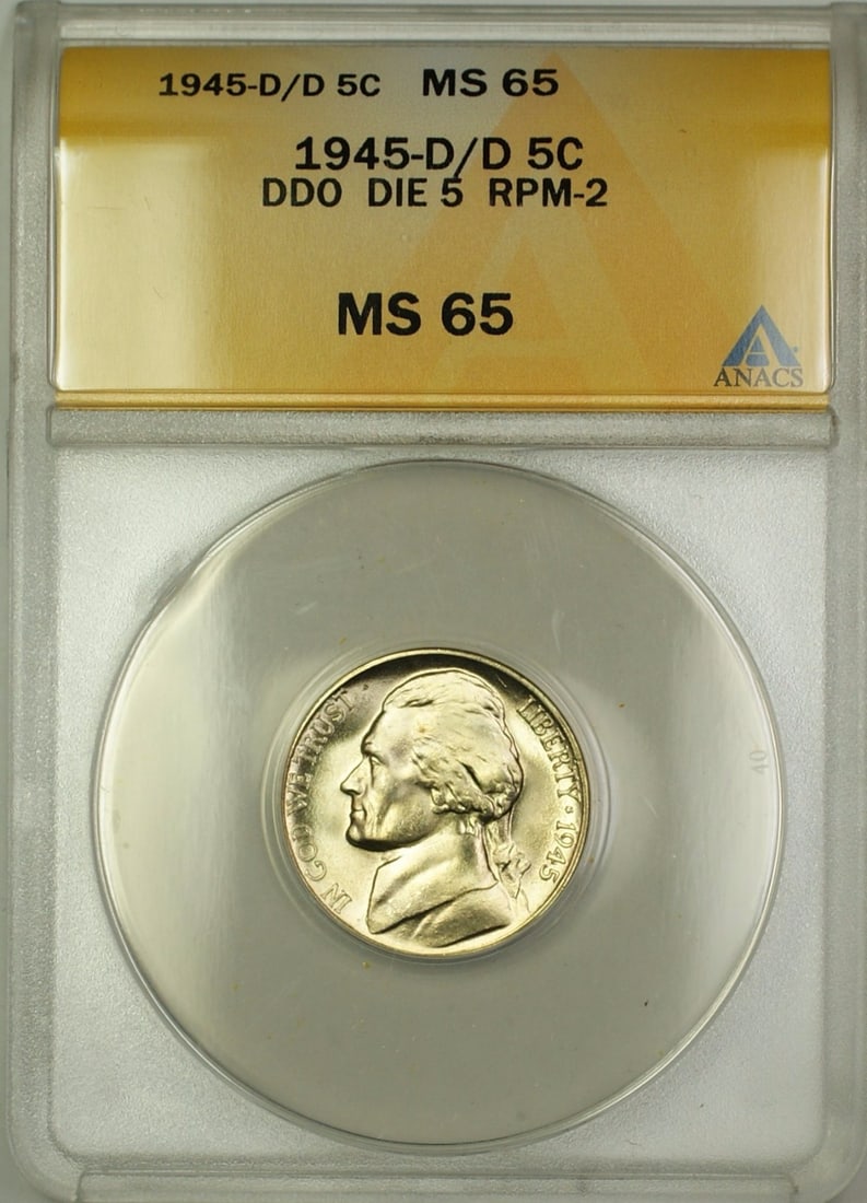 ANACS MS 65 1945-D DDO Die 5 Jefferson Wartime Silver Nickel 5C: ANACS MS 65 1945-D DDO Die 5 Jefferson Wartime Silver Nickel 5C Certified 1945-D/D RPM-2 DDO DIE 5 Wartime Silver Jefferson Nickel 5c coin from the United States. This uncirculated example is graded M
