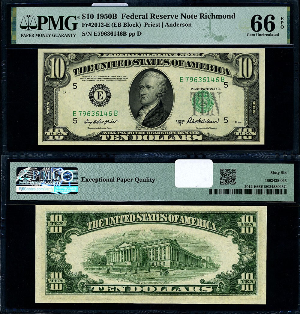 PMG Gem CU66 EPQ 1950-B $10 Federal Reserve Note Richmond (1 of 3)