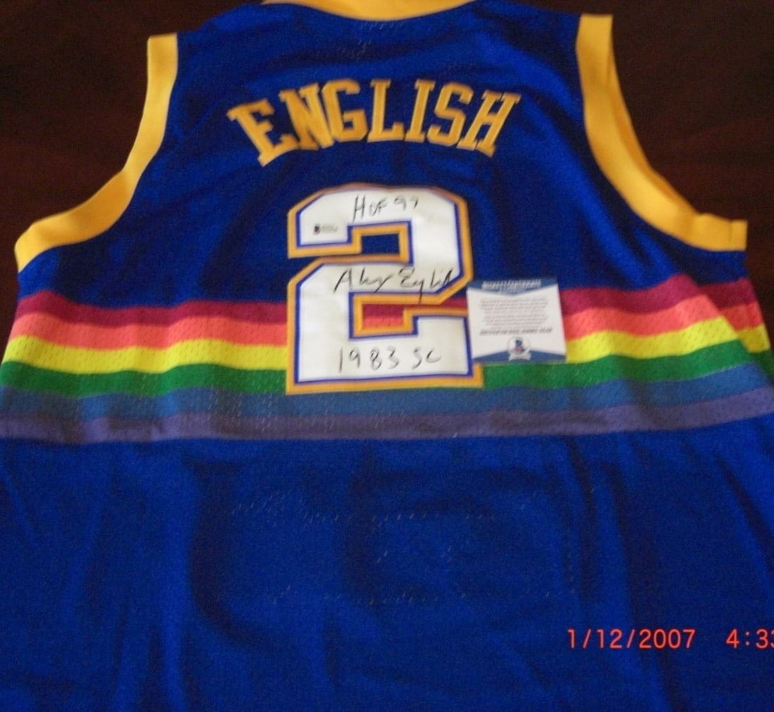 ALEX ENGLISH Denver Nuggets Signed Adidas Jersey with COA: ALEX ENGLISH Denver Nuggets Signed Adidas Jersey with COA This official licensed Adidas jersey features a signature from NBA legend Alex English, celebrating his legacy with the Denver Nuggets. The je