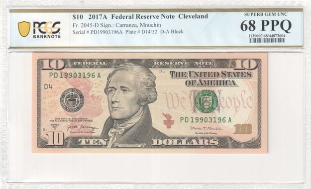PCGS MS68 Cleveland 2017A $10 Federal Reserve Note Superb GEM 68 PPQ: PCGS MS68 Cleveland 2017A $10 Federal Reserve Note Superb GEM 68 PPQ This 2017A $10 Federal Reserve Note from Cleveland is graded MS68 by PCGS Banknote and carries the Superb GEM 68 PPQ designation. T