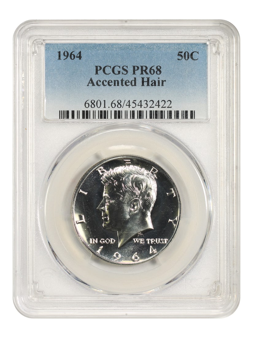 PCGS PR68 1964 Kennedy Half Dollar 50C Accented Hair Variety: PCGS PR68 1964 Kennedy Half Dollar 50C Accented Hair Variety 1964 Kennedy Half Dollar in the popular and scarcer Accented Hair variety. This 50C coin is certified by PCGS as PR68 and is listed as unci