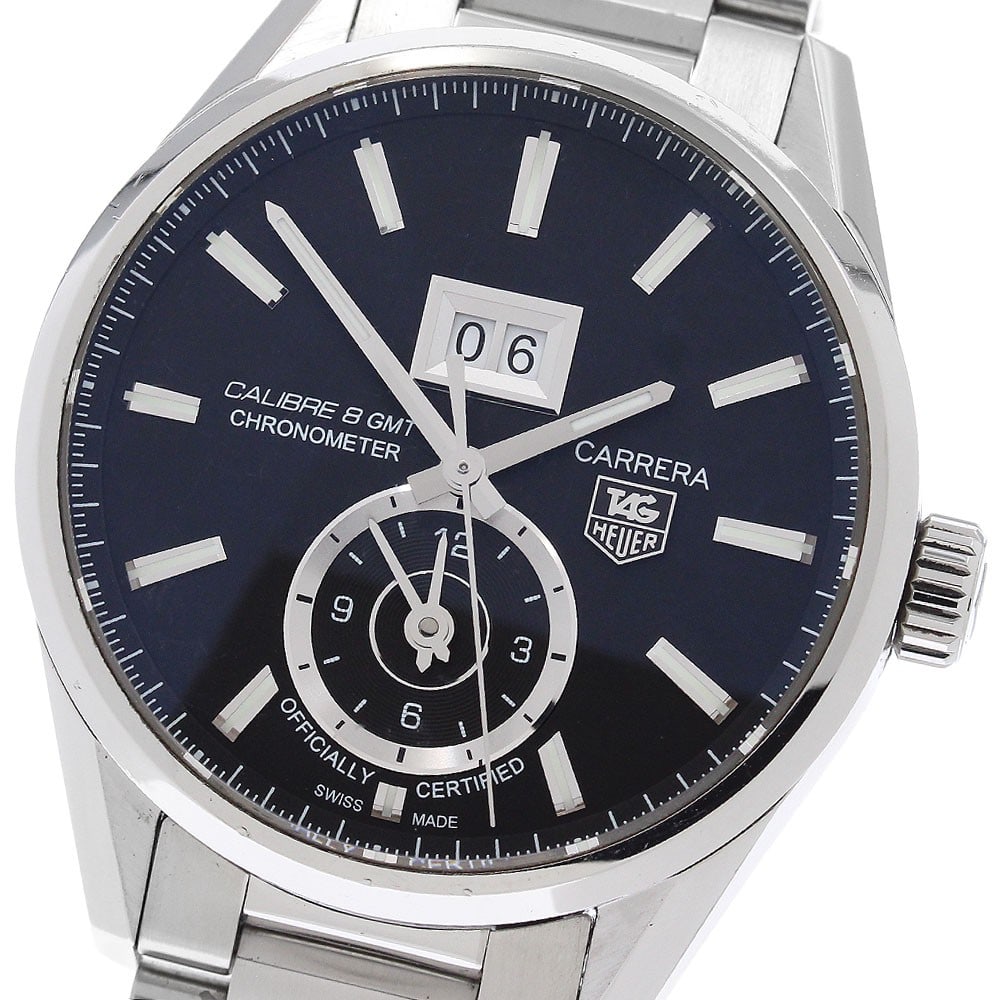 TAG Heuer Carrera Caliber 8 GMT Grand Date Automatic Mens Watch WAR5010.BA0723: TAG Heuer Carrera Caliber 8 GMT Grand Date Automatic Mens Watch WAR5010.BA0723 TAG Heuer Carrera Grand Date GMT Caliber 8 men's wristwatch with automatic movement, a black dial, and stainless steel ca