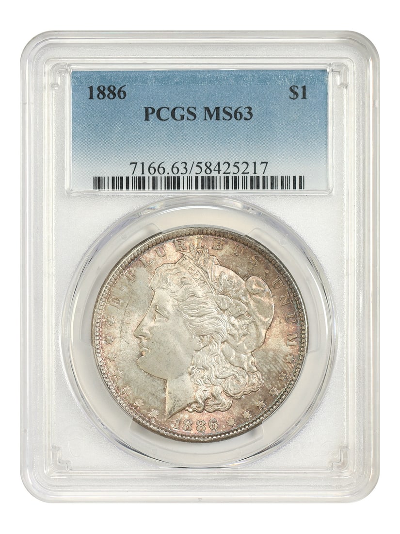 1886 Morgan Silver Dollar PCGS MS63 Philadelphia $1 Coin: 1886 Morgan Silver Dollar PCGS MS63 Philadelphia $1 Coin 1886 Morgan Dollar certified by PCGS as MS63. Struck at the Philadelphia Mint, this uncirculated $1 coin is a popular collector date in the Mor