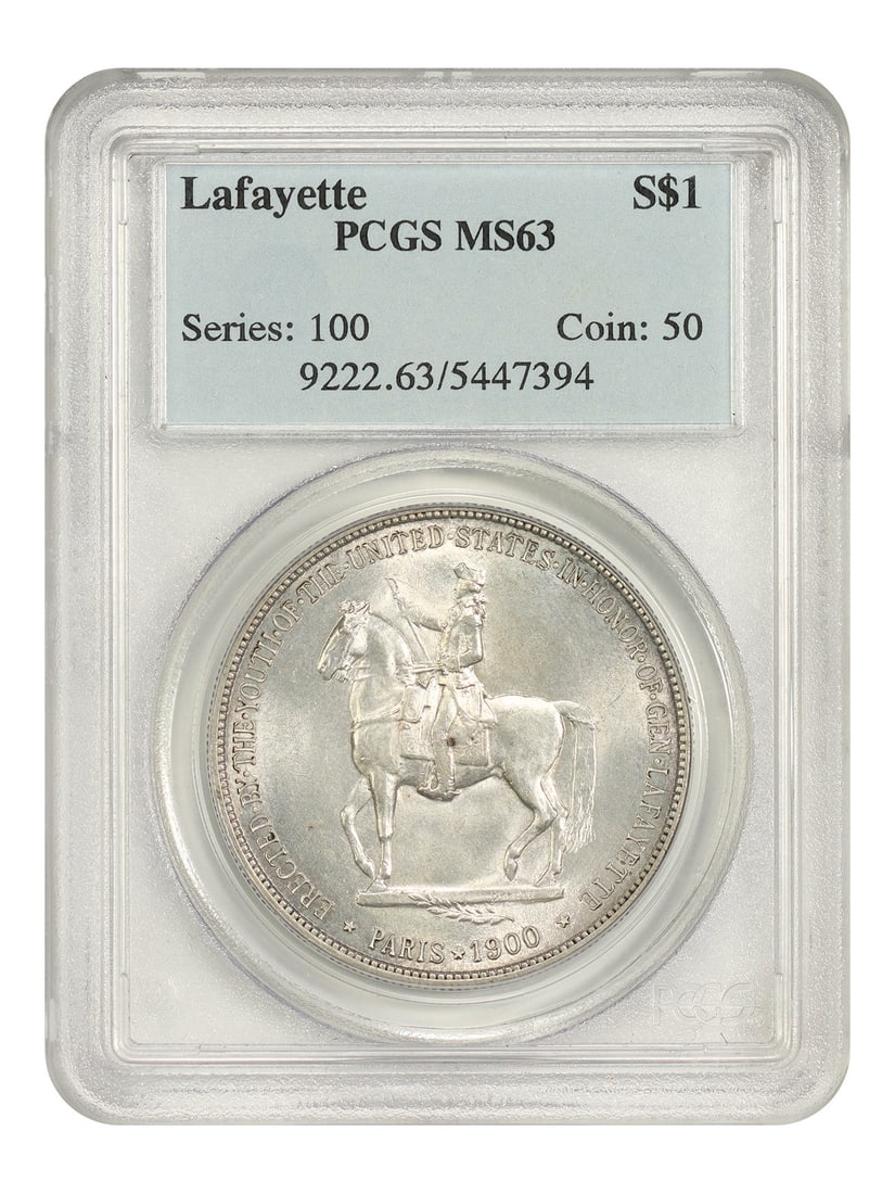 PCGS MS63 1900 Lafayette Silver Dollar Commemorative: PCGS MS63 1900 Lafayette Silver Dollar Commemorative 1900 Lafayette silver commemorative dollar graded PCGS MS63. This uncirculated issue had an original mintage of 36,026 and was the first one-dollar
