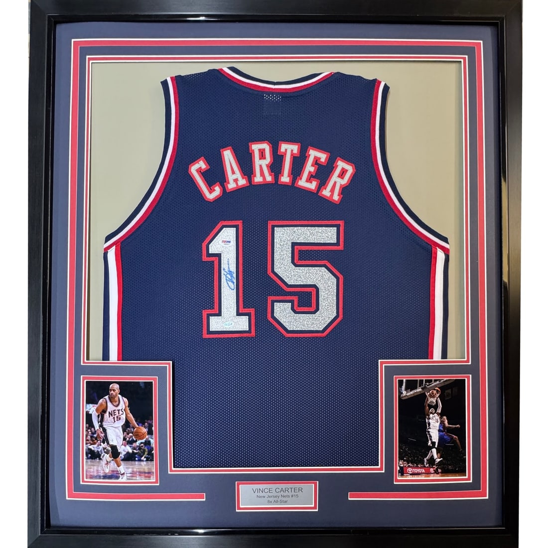 35x39 Framed Vince Carter Signed New Jersey Nets Jersey PSA COA: 35x39 Framed Vince Carter Signed New Jersey Nets Jersey PSA COA Professionally framed and matted Vince Carter signed New Jersey Nets navy blue jersey. This original autographed basketball display incl