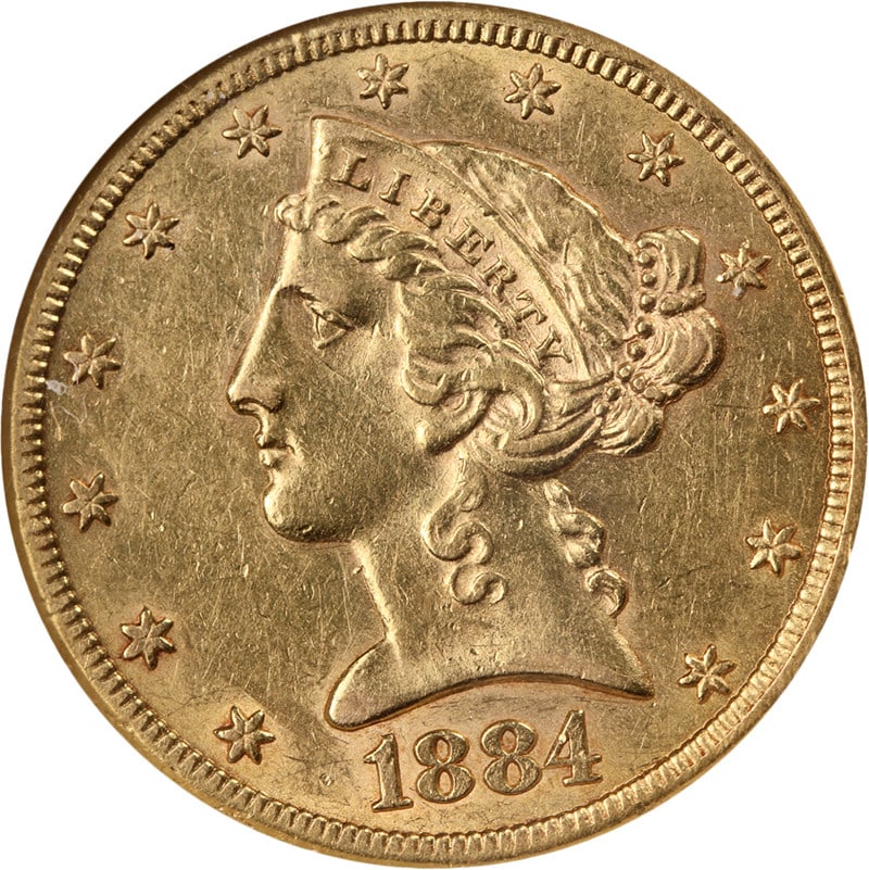 NGC AU55 1884-CC Liberty $5 Gold Coin Key Date Carson City: NGC AU55 1884-CC Liberty $5 Gold Coin Key Date Carson City This 1884-CC Liberty Gold $5 coin is certified by NGC with a grade of AU55. It features attractive luster, appealing color, and well-preserve