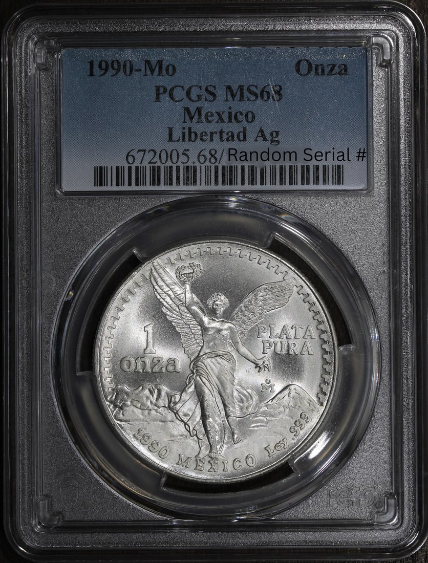 PCGS MS68 1990 Mo Mexico Silver Libertad 1 oz Coin: PCGS MS68 1990 Mo Mexico Silver Libertad 1 oz Coin 1990-Mo Mexico 1 oz Silver Libertad Onza coin graded MS68 by PCGS. This pre-owned Mexican Libertad is struck in .999 fine silver and contains 1 oz of