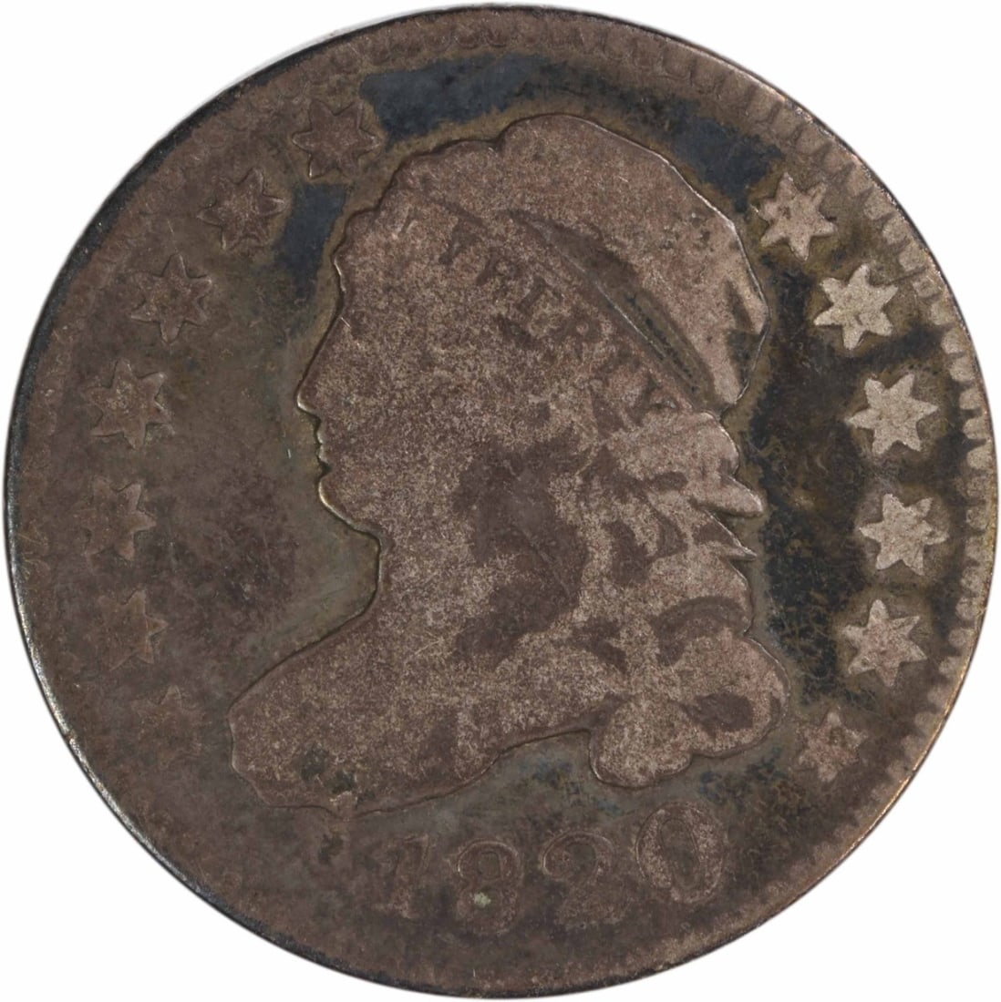1820 Capped Bust Dime Large 0 Philadelphia Silver Coin Circulated: 1820 Capped Bust Dime Large 0 Philadelphia Silver Coin Circulated This 1820 Capped Bust Dime was minted in Philadelphia and features the Large 0 variety. Designed by John Reich, it is composed of 89.2
