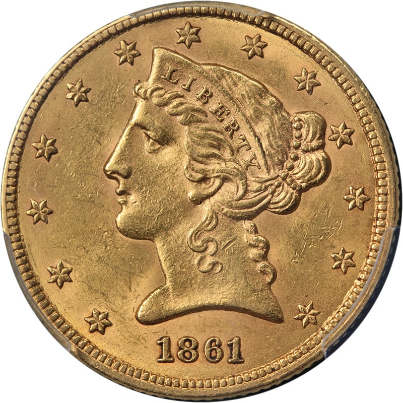 PCGS MS62 1861 P Liberty Head $5 Gold Coin: PCGS MS62 1861 P Liberty Head $5 Gold Coin 1861-P Liberty Gold $5 certified by PCGS and graded MS62. This uncirculated coin offers great eye appeal with nice luster, a strong strike, great color, and 