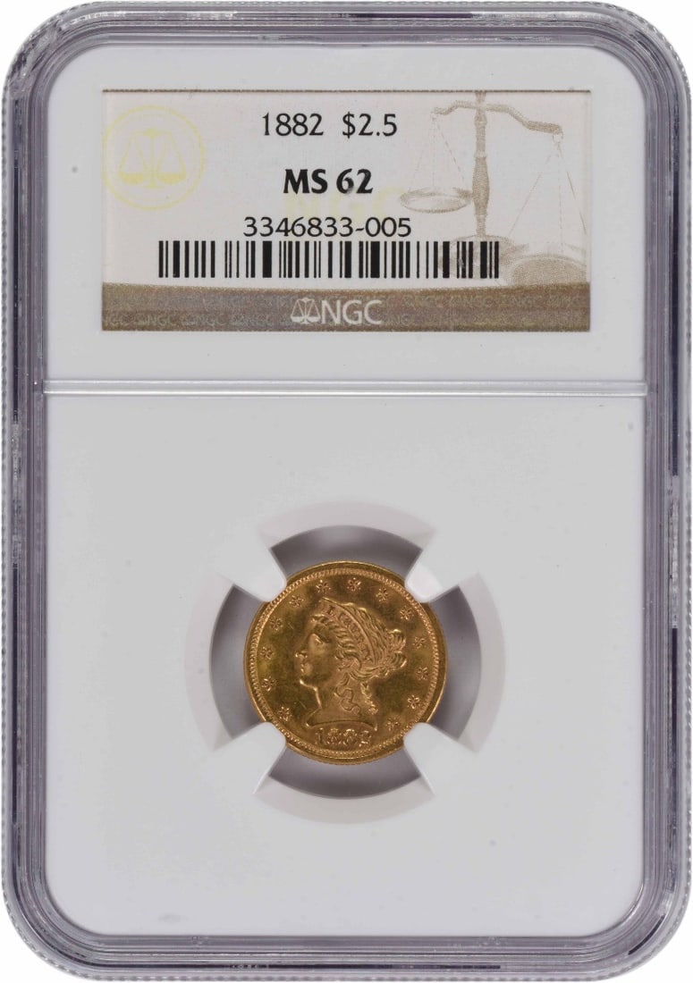 NGC MS62 1882 Liberty Head $2.50 Gold Coin: NGC MS62 1882 Liberty Head $2.50 Gold Coin This is an 1882 $2.50 Liberty Head gold coin, graded MS62 by NGC. Struck in Philadelphia, it features a composition of 90% gold and 10% copper, designed by C
