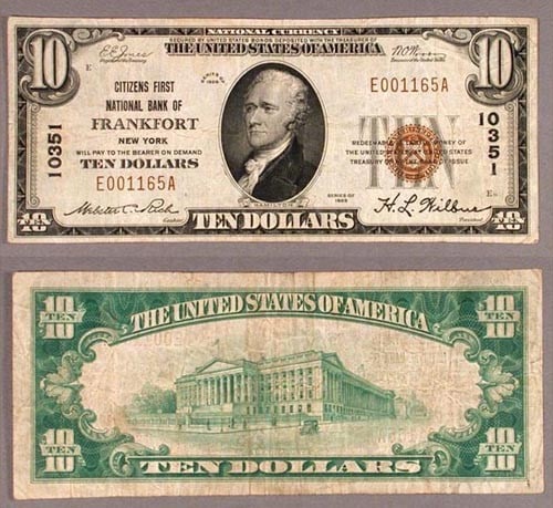 1929 T-1 $10 National Bank Note Frankfort New York CH #10351: 1929 T-1 $10 National Bank Note Frankfort New York CH #10351 1929 T-1 $10 National Bank Note from Frankfort, New York, issued in the United States. This pre-owned note is graded Very Fine and identifi