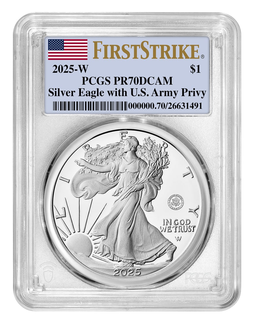 2025-W American Silver Eagle Proof $1 PCGS PR70 First Strike US Army Privy (1 of 2)