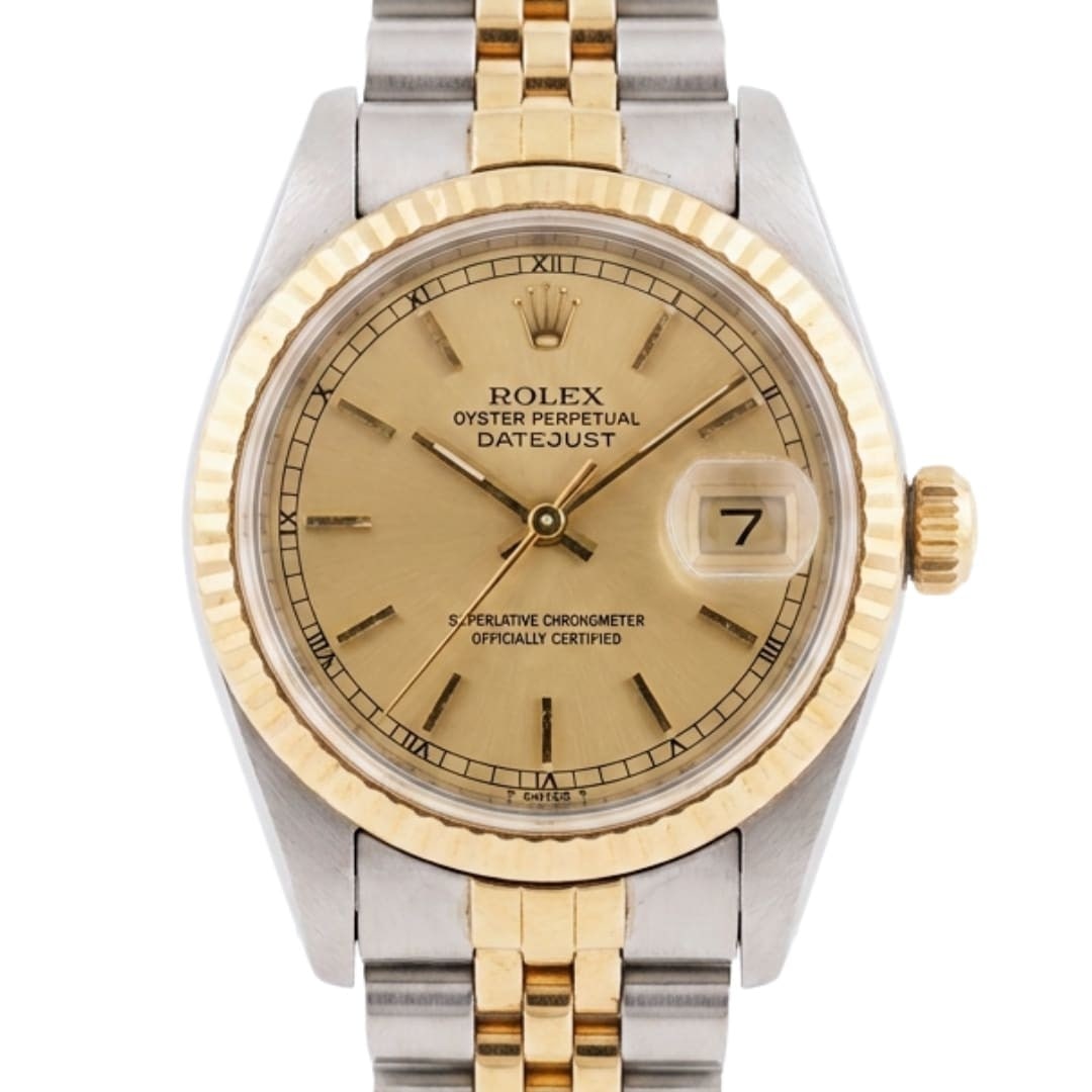 Rolex Lady Datejust 69173 Womens 26mm Gold Steel Linen Dial Watch: Rolex Lady Datejust 69173 Womens 26mm Gold Steel Linen Dial Watch Pre-owned Rolex Lady Datejust reference 69173 wristwatch with a classic 26mm round case and a linen-pattern gold-tone dial. This vinta