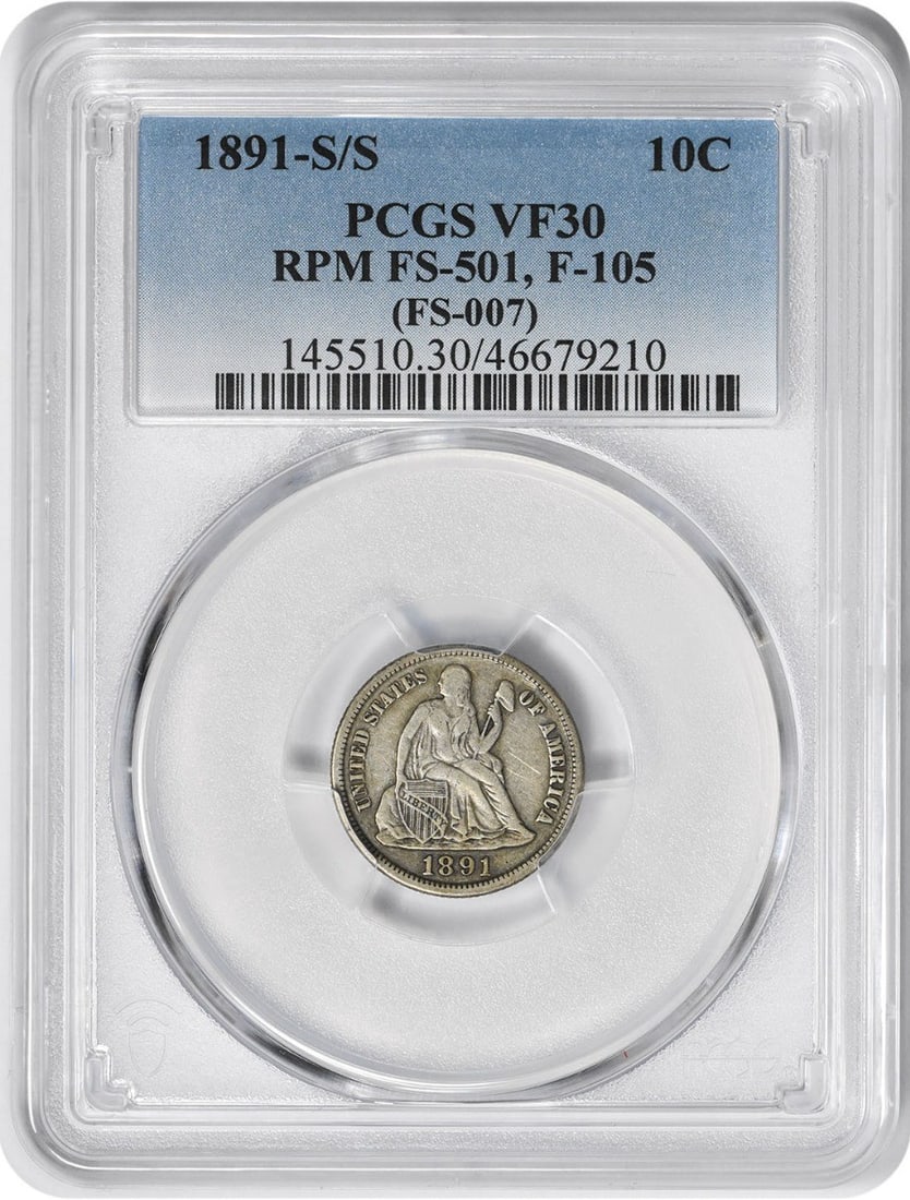 PCGS VF30 1891 San Francisco Seated Liberty 10C Silver Dime FS-501: PCGS VF30 1891 San Francisco Seated Liberty 10C Silver Dime FS-501 1891-S/S Liberty Seated silver dime, FS-501 variety, graded VF30 by PCGS. This circulated United States 10C coin features the Seated 