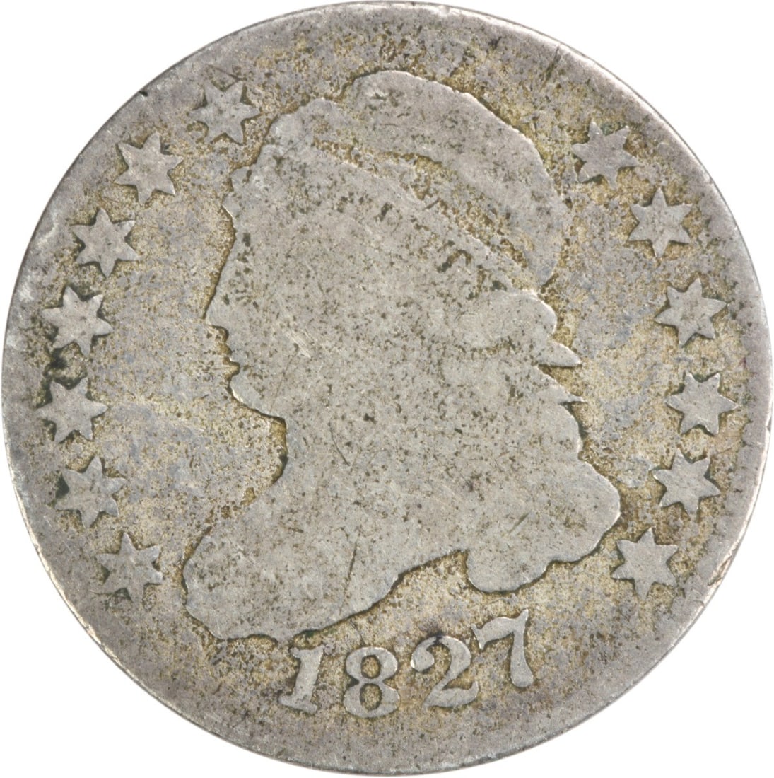1827 Capped Bust Silver Dime 10C John Reich Uncertified: 1827 Capped Bust Silver Dime 10C John Reich Uncertified This 1827 Bust Silver Dime features the iconic Capped Bust design by John Reich. It is a circulated coin, showcasing a grade of Good (G). Minted