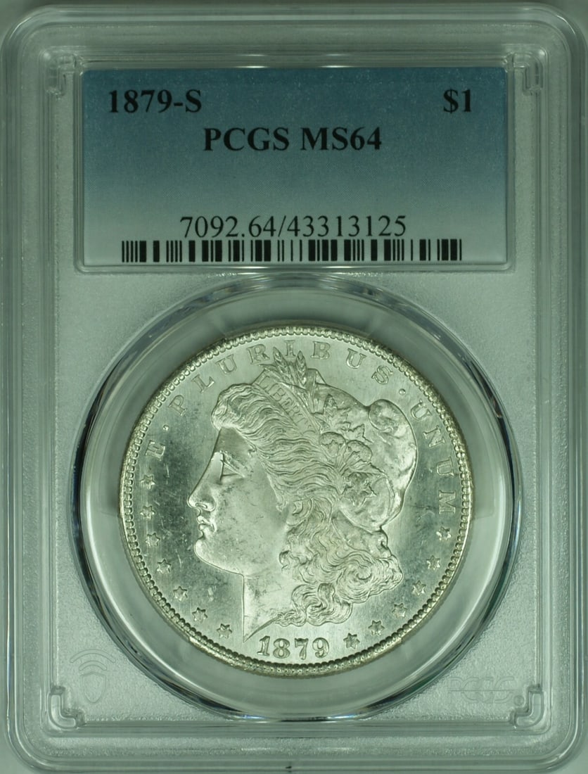 PCGS MS64 1879-S Morgan Silver Dollar $1 Coin: PCGS MS64 1879-S Morgan Silver Dollar $1 Coin This 1879-S Morgan Silver Dollar is a certified coin issued by the United States Mint in San Francisco. Graded MS 64 by PCGS, this uncirculated silver dol