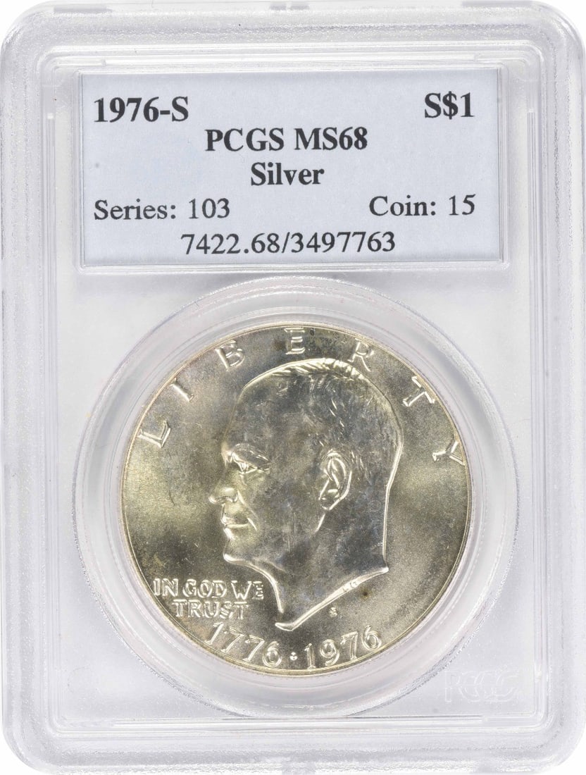 PCGS MS68 1976 S Eisenhower Silver Dollar $1: PCGS MS68 1976 S Eisenhower Silver Dollar $1 1976-S Silver Eisenhower Dollar certified by PCGS and graded MS68. This uncirculated United States $1 coin features the Eisenhower dollar design and is off