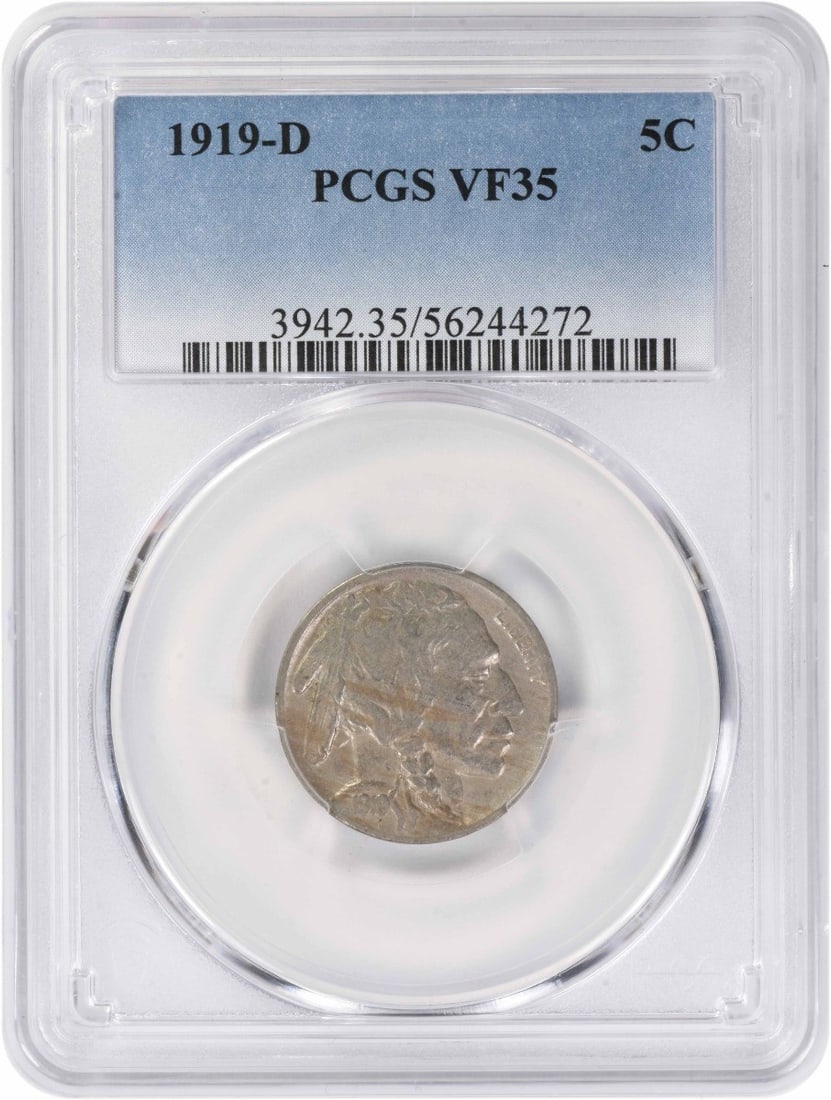 PCGS VF35 1919 D Buffalo 5C Nickel: PCGS VF35 1919 D Buffalo 5C Nickel 1919-D Buffalo nickel certified by PCGS. This circulated 5-cent United States coin is graded VF35 and offered in pre-owned condition. Specifications Coin: Buffalo Ni