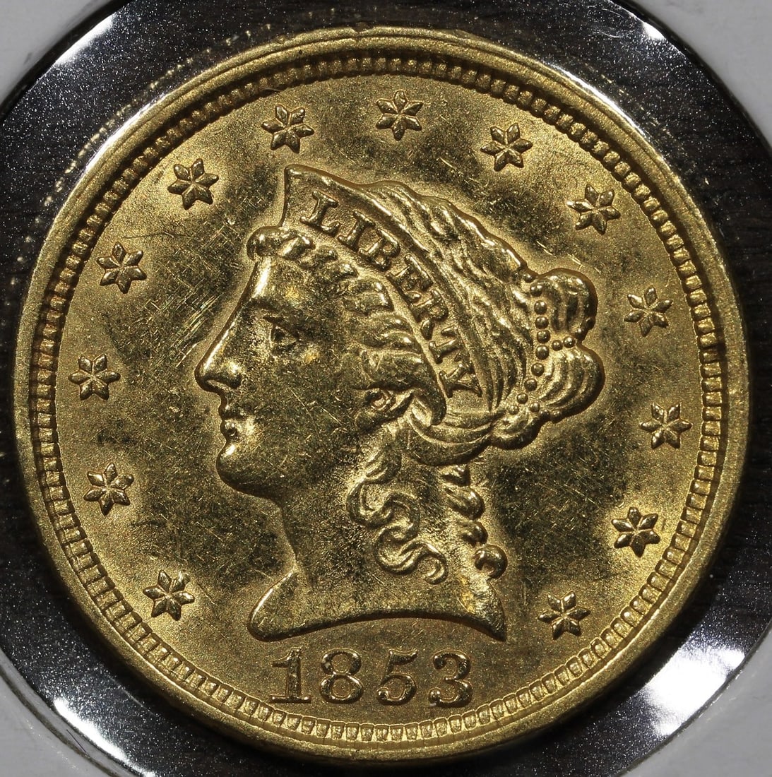 1853 Liberty Head Quarter Eagle Gold Coin $2.50 AU: 1853 Liberty Head Quarter Eagle Gold Coin $2.50 AU 1853 Liberty Head Quarter Eagle $2.50 gold coin in about uncirculated condition. This pre-owned United States coin was minted in Philadelphia and fea