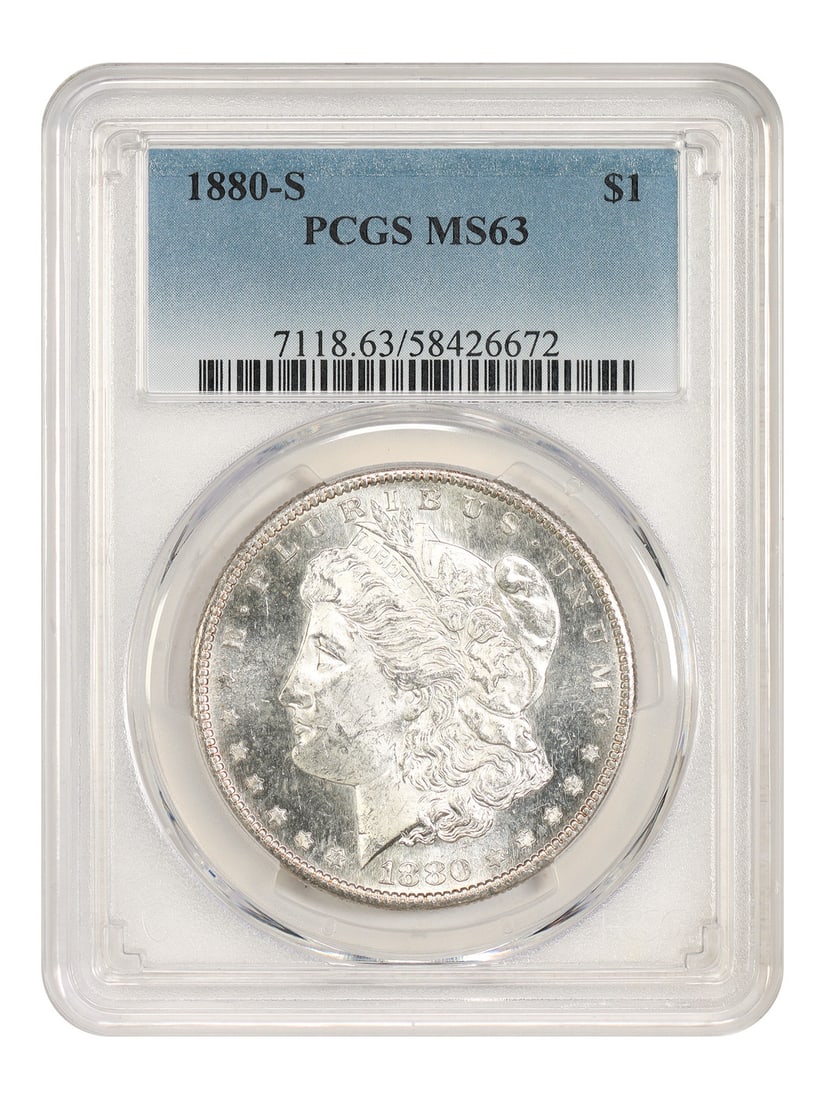 PCGS MS63 1880-S Morgan Silver Dollar $1: PCGS MS63 1880-S Morgan Silver Dollar $1 1880-S Morgan Dollar certified by PCGS in MS63 grade. This uncirculated example is from the San Francisco Mint. Although it is one of the more common dates in 