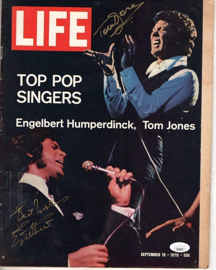 Tom Jones Engelbert Humperdinck Dual Signed LIFE Magazine JSA Authenticated: Tom Jones Engelbert Humperdinck Dual Signed LIFE Magazine JSA Authenticated This is an original autographed magazine featuring legendary artists Tom Jones and Engelbert Humperdinck, authenticated by J